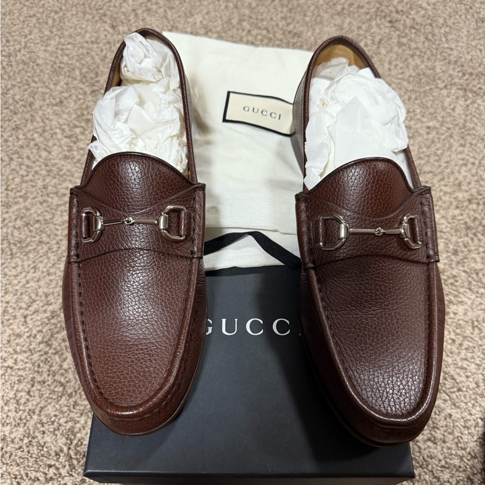 Gucci Brown Leather Loafers with Horsebit Detail